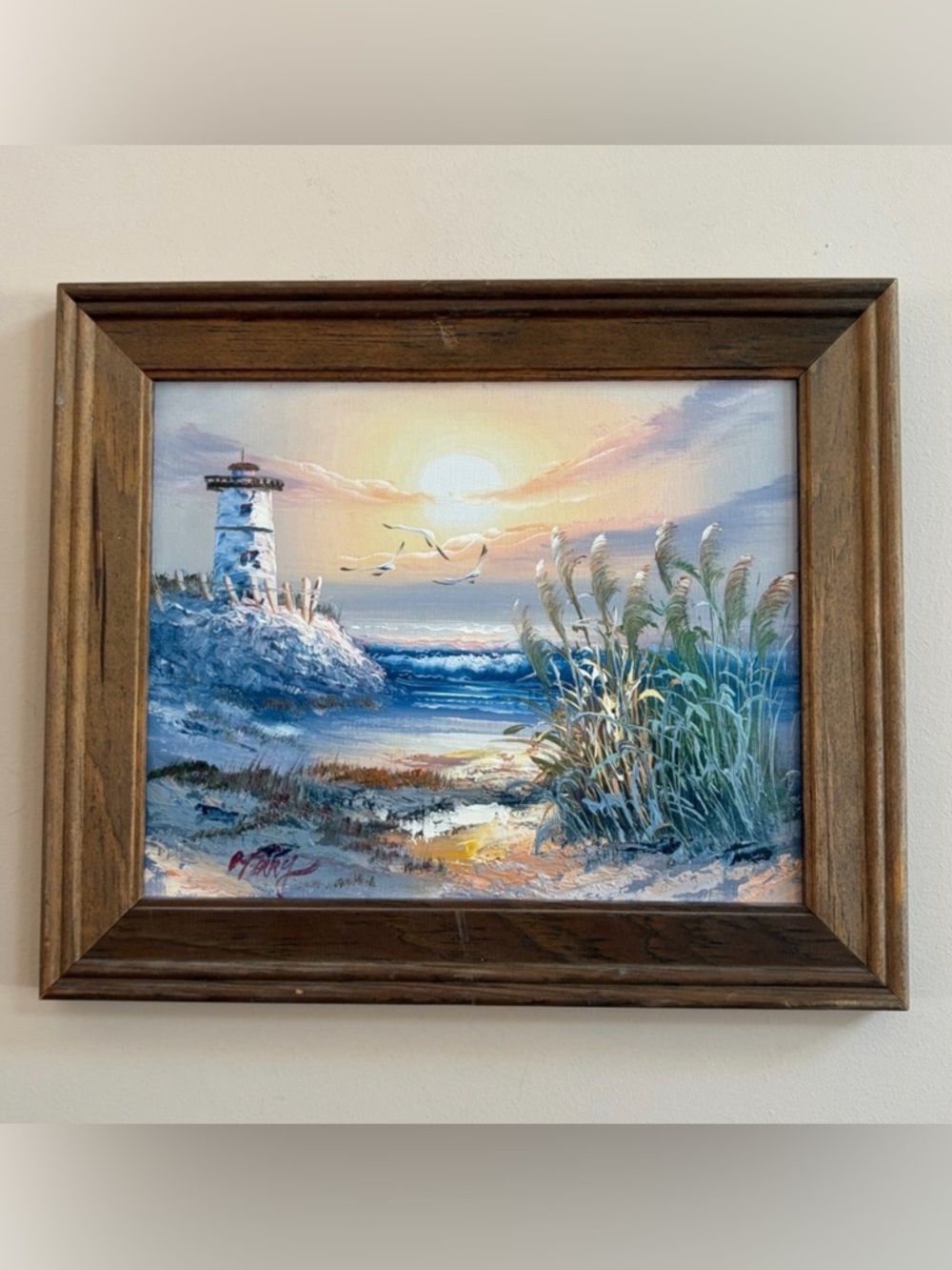 Artist Signed Seascape Landscape Coastal Lighthouse Gulls Painting Artwork Art